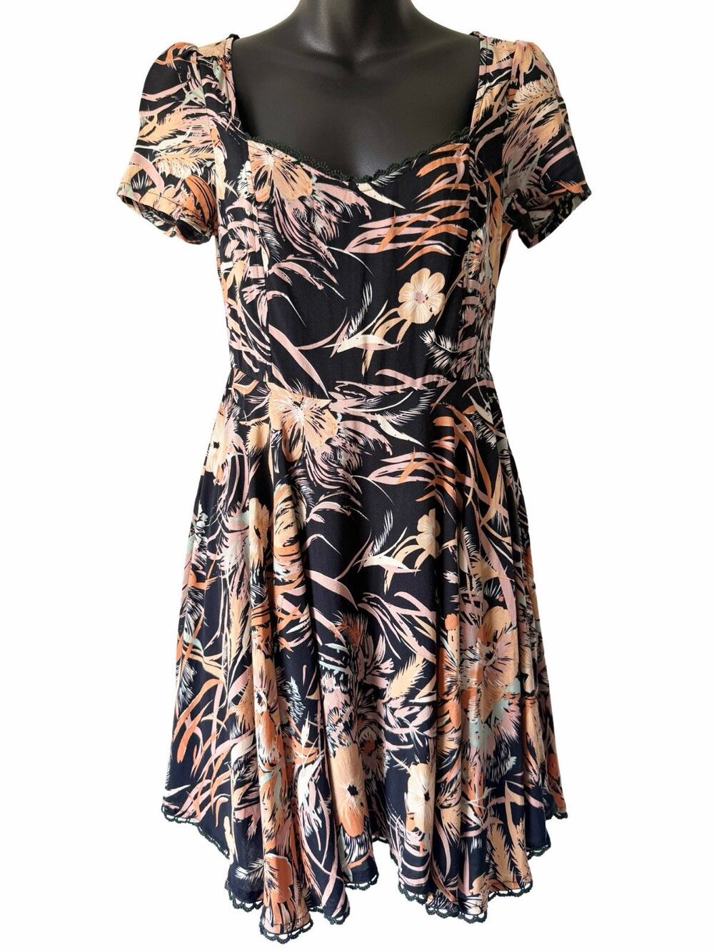 minkpink Mini Skater Dress Womens XS Vintage Aritzia Black Orange Floral Lace
